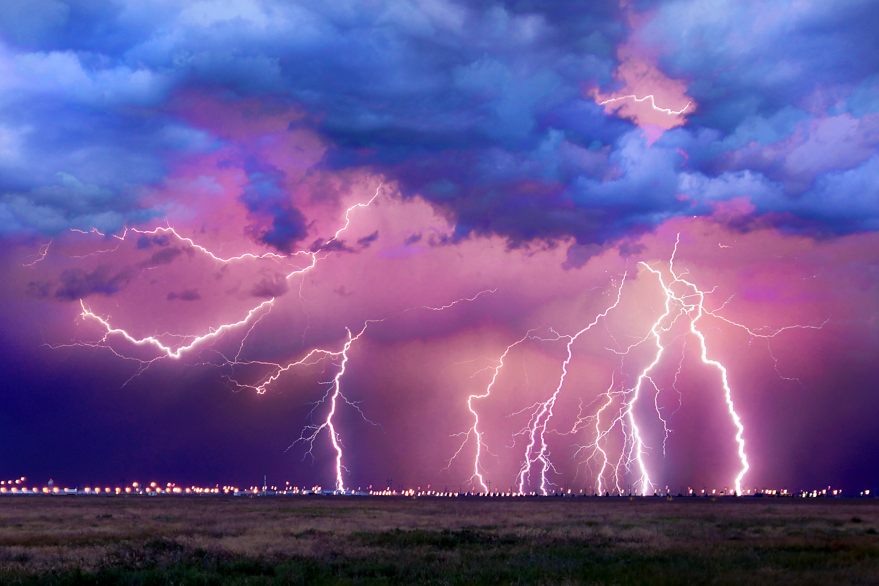 Series of lighting detection photos of one storm that rolled across Pantex in August 2019 composited into one image. Series of lighting detection photos of one storm that rolled across Pantex in August 2019 composited into one image.