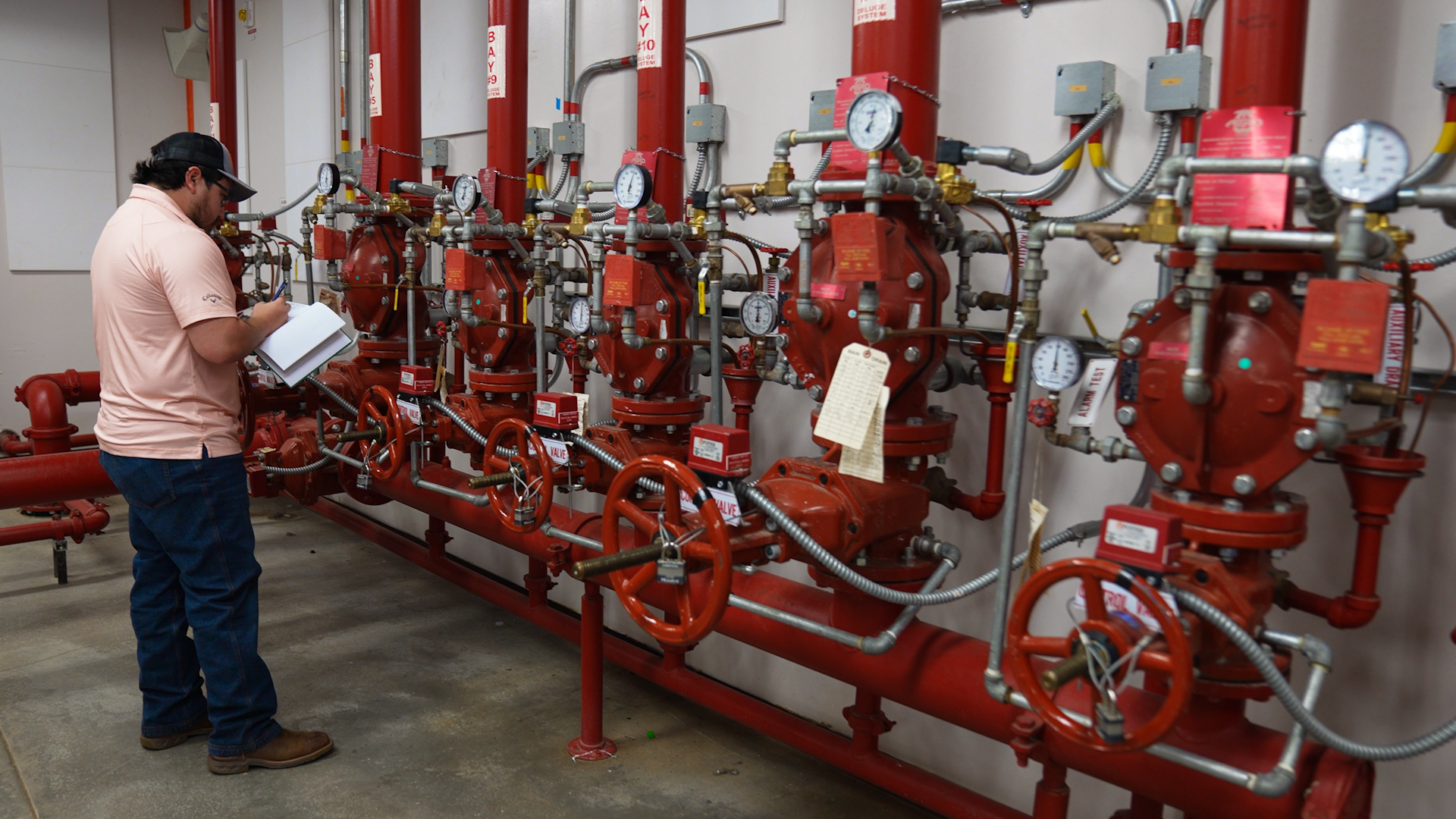 Carlos G., fire protection engineer, conducts a monthly prevention check on equipment. Carlos G., fire protection engineer, conducts a monthly prevention check on equipment.